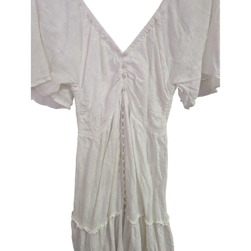 By Anthropologie Tiered Maxi Dress Flutter Sleeve Bow Back Embroidered White M - Picture 6 of 12